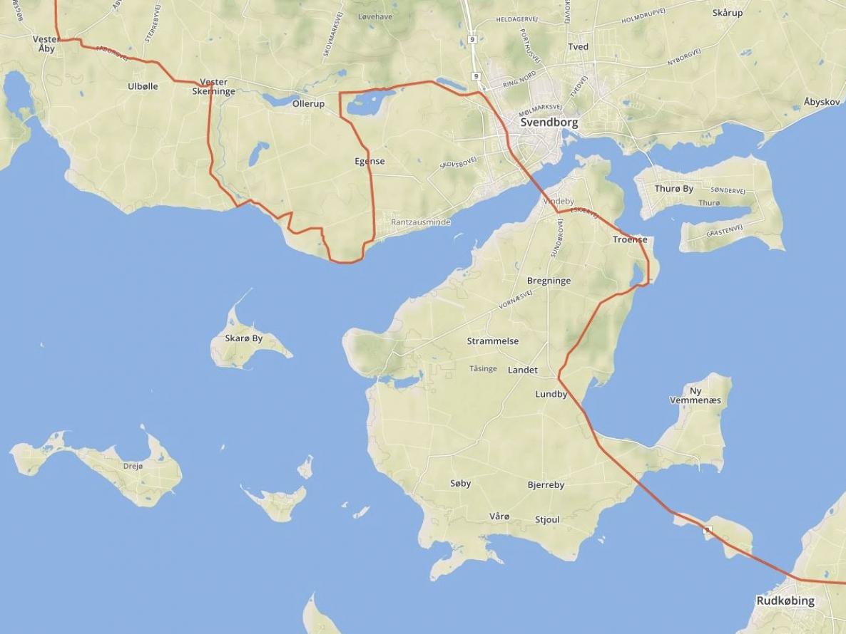 Teil der "Margeritenroute" von Rudkøbing (rechts unten) bis Vester Åby (links oben)